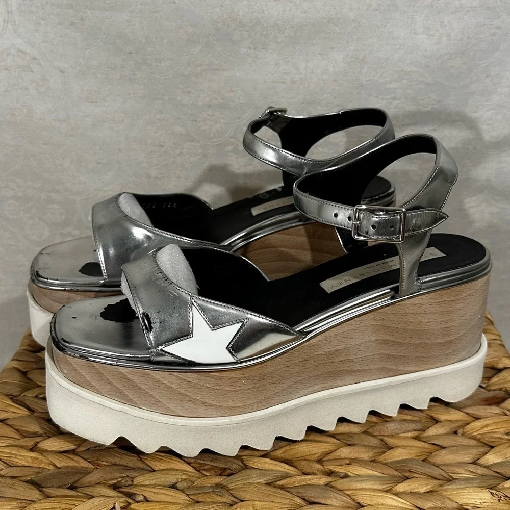 Stella McCartney Elyse Indium Star Platform Sandals Silver Metallic Size 36.5
